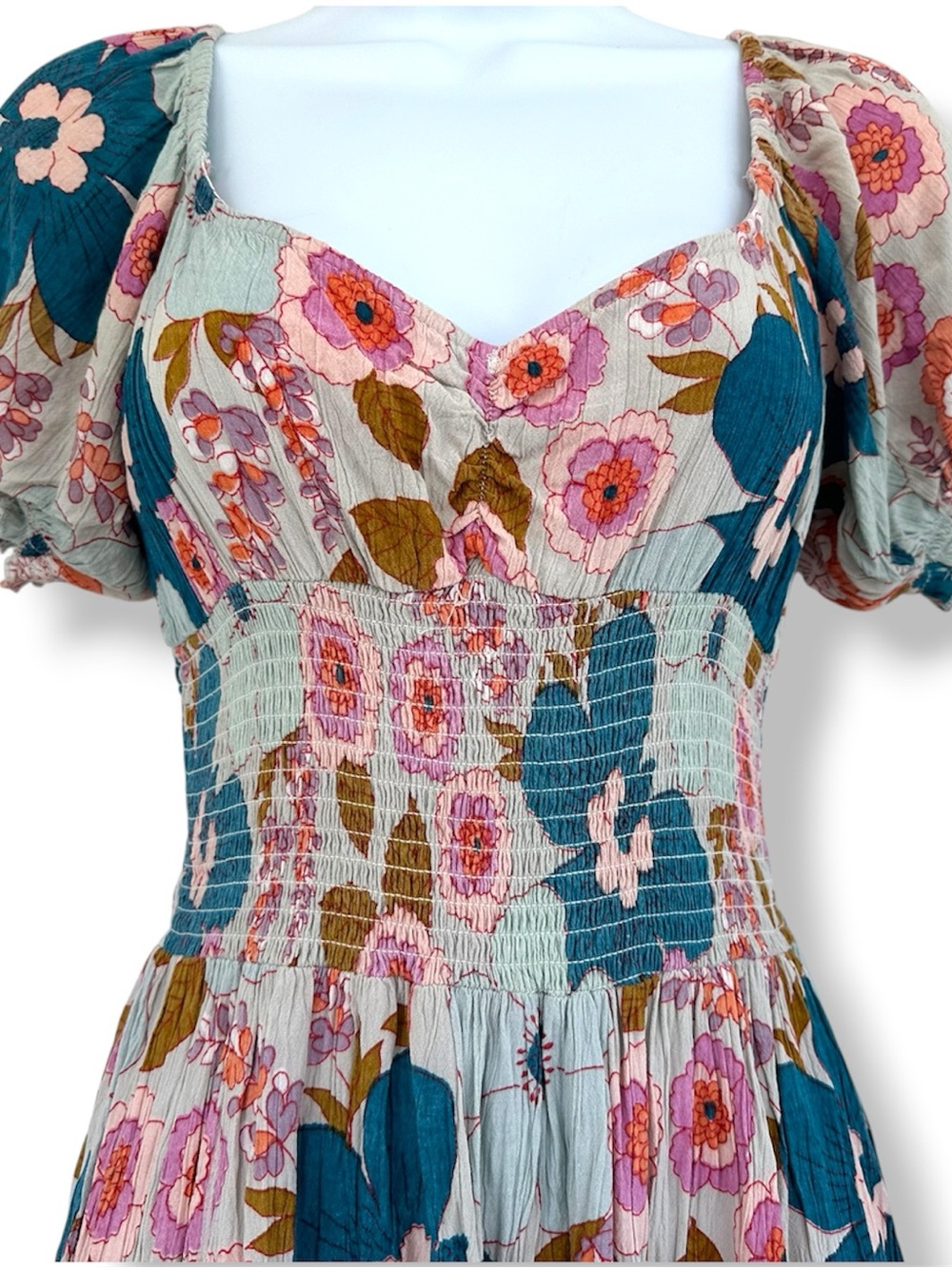Angie Teal, Pink and Brown Floral Puff-Sleeve Smocked Mini Dress - Picture 3 of 7